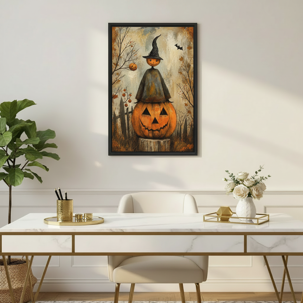 Framed Halloween pumpkin witch canvas wall art displayed above a modern desk with plants and neutral decor.