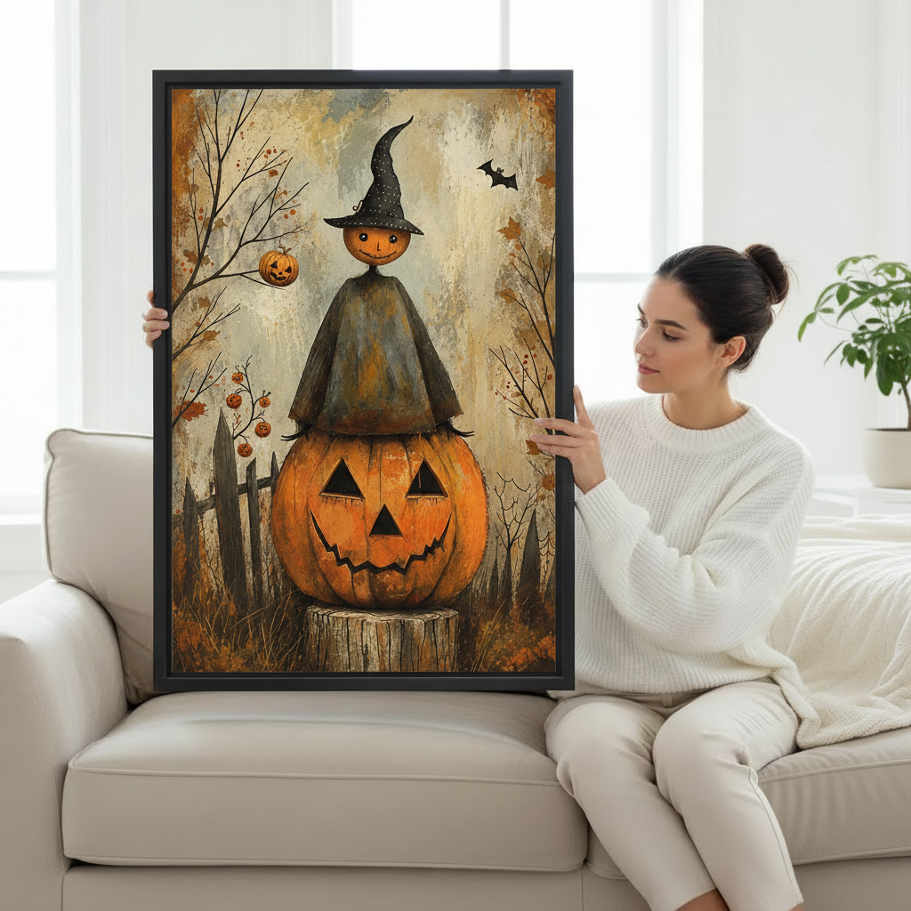 Halloween pumpkin witch canvas wall art held by a woman in a bright living room with a white sofa.