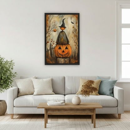 Framed Halloween pumpkin witch canvas wall art displayed above a cream sofa in a bright living room.