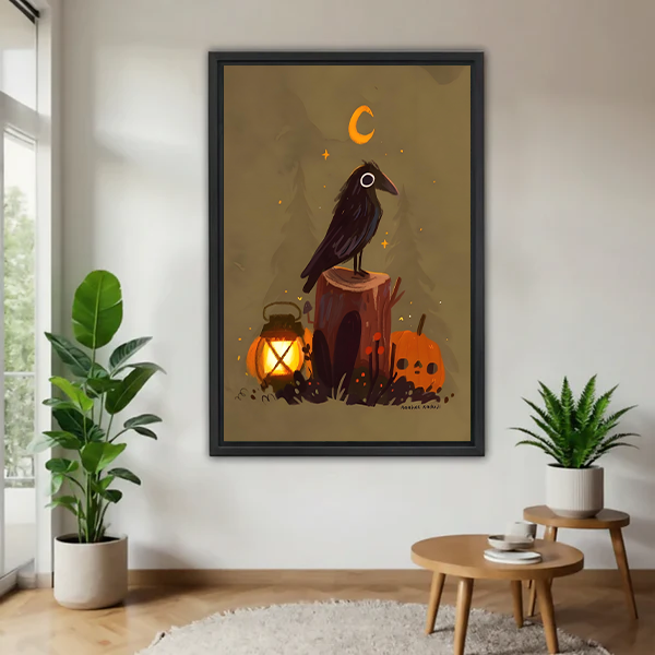 Woman holding a large framed Halloween raven and lantern canvas wall art to show its size