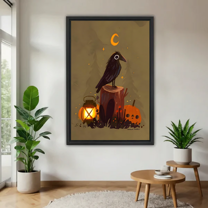Woman holding a large framed Halloween raven and lantern canvas wall art to show its size