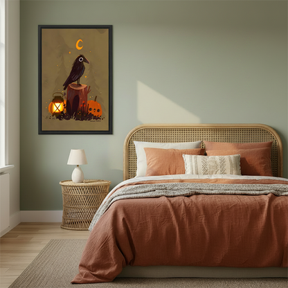 Framed Halloween raven and lantern canvas wall art beside plants and a round side table by a window