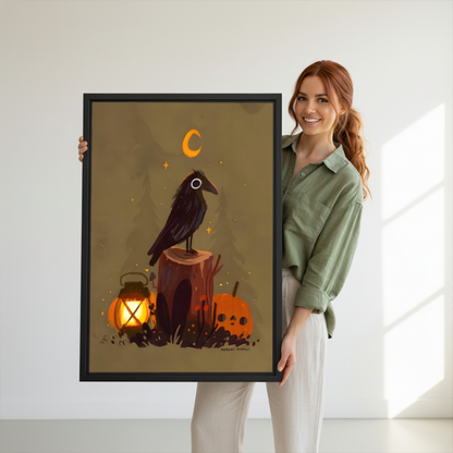 Framed Halloween raven and pumpkin canvas wall art on a sage wall above a rattan bed with terracotta linens