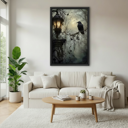 Solitary black raven on bare branch beside glowing ornate Victorian lantern in misty moonlit woodland framed canvas above cream linen sofa