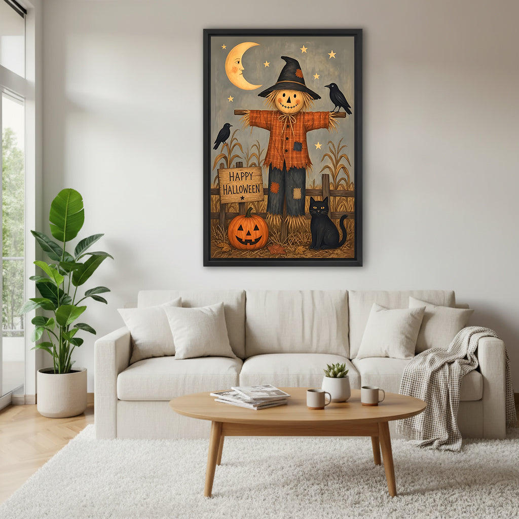 Halloween scarecrow black cat pumpkin folk art black framed canvas above cream sofa living room with round wood coffee table