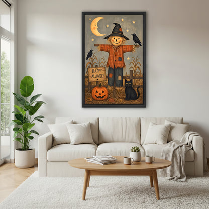 Halloween scarecrow black cat pumpkin folk art black framed canvas above cream sofa living room with round wood coffee table