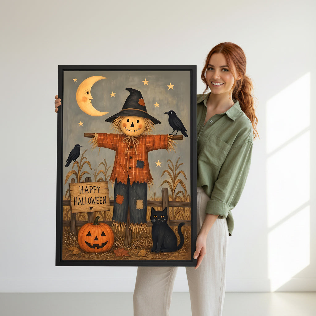 Woman holding Halloween scarecrow black cat pumpkin folk art black framed canvas size reference in white room