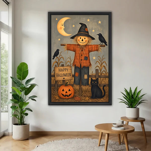 Halloween scarecrow black cat pumpkin folk art black framed canvas on white wall with two plants and round wood side table