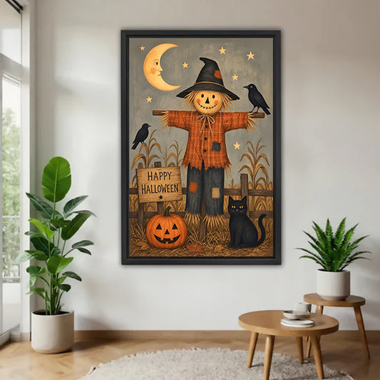 Halloween scarecrow black cat pumpkin folk art black framed canvas on white wall with two plants and round wood side table