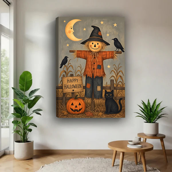 Halloween scarecrow black cat pumpkin folk art gallery wrap canvas on white wall with two plants and round wood side table