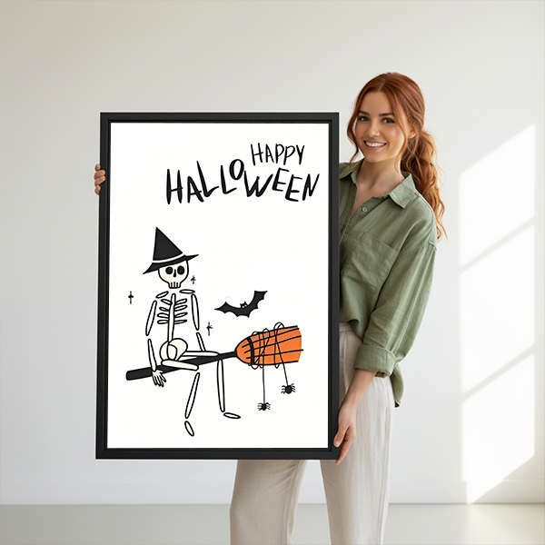 Woman holding framed Halloween skeleton canvas wall art featuring a witch hat, flying bat, and dangling spiders.