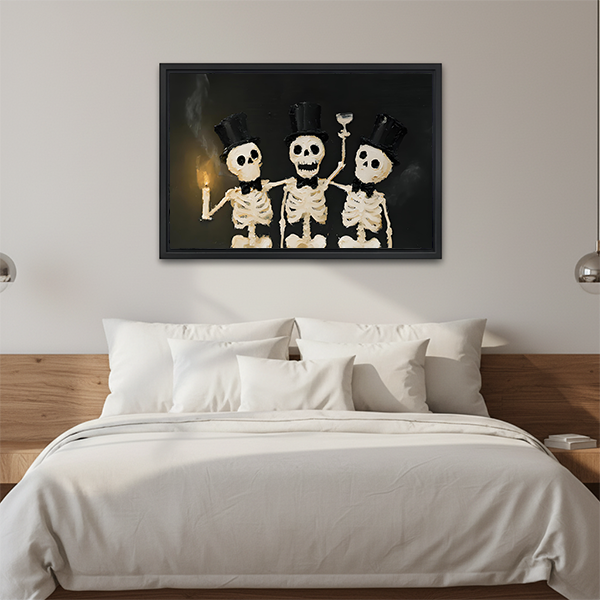 Gallery-wrap Halloween skeleton trio canvas wall art against a dark background above a wooden console and black lantern.