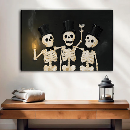 Framed Halloween skeleton trio canvas wall art featuring a candle and raised glass above a cream sofa.