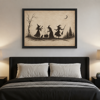 Sepia sketch of three witches in tall pointed hats around bubbling cauldron with black cat and crescent moon framed canvas above dark bed with white pillows