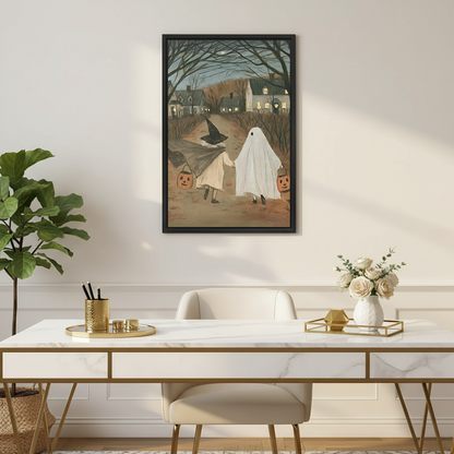 Halloween trick-or-treat canvas wall art displayed above a desk in an elegant home office