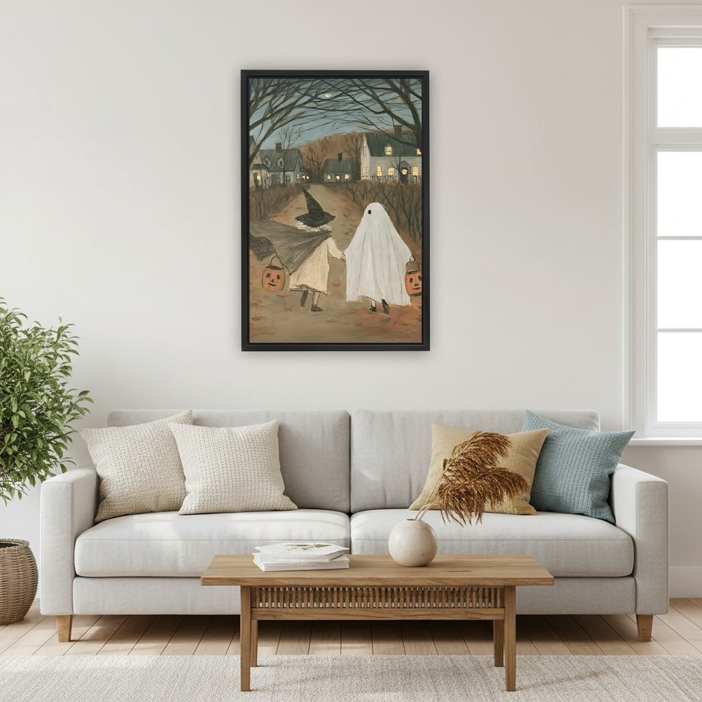 Framed Halloween trick-or-treat canvas wall art hanging above a sofa in a bright living room