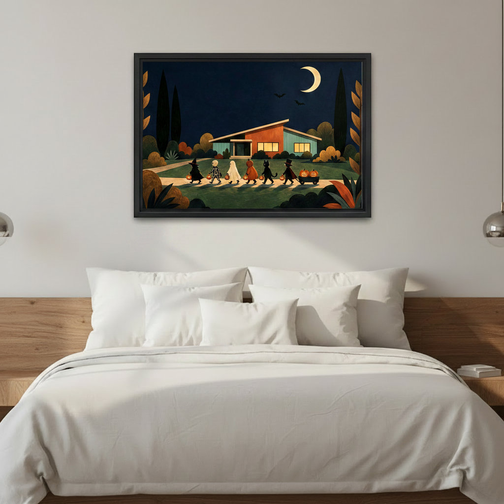 Retro Halloween trick-or-treat night scene framed canvas print hung above white bed in modern bedroom
