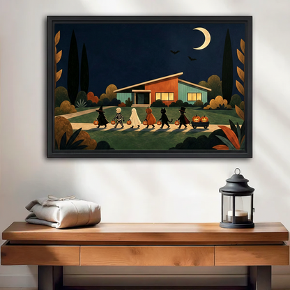 Retro Halloween trick-or-treat night scene with witch ghost skeleton pumpkin framed canvas print above wooden console table