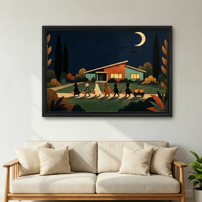 Retro Halloween trick-or-treat night scene framed canvas print displayed above beige sofa in living room