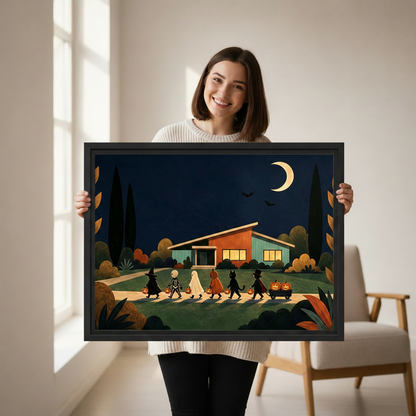 Woman holding retro Halloween trick-or-treat night scene framed canvas wall art size reference display