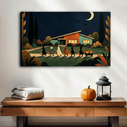 Retro Halloween trick-or-treat night scene with witch ghost skeleton pumpkin gallery wrap canvas print above wooden console table