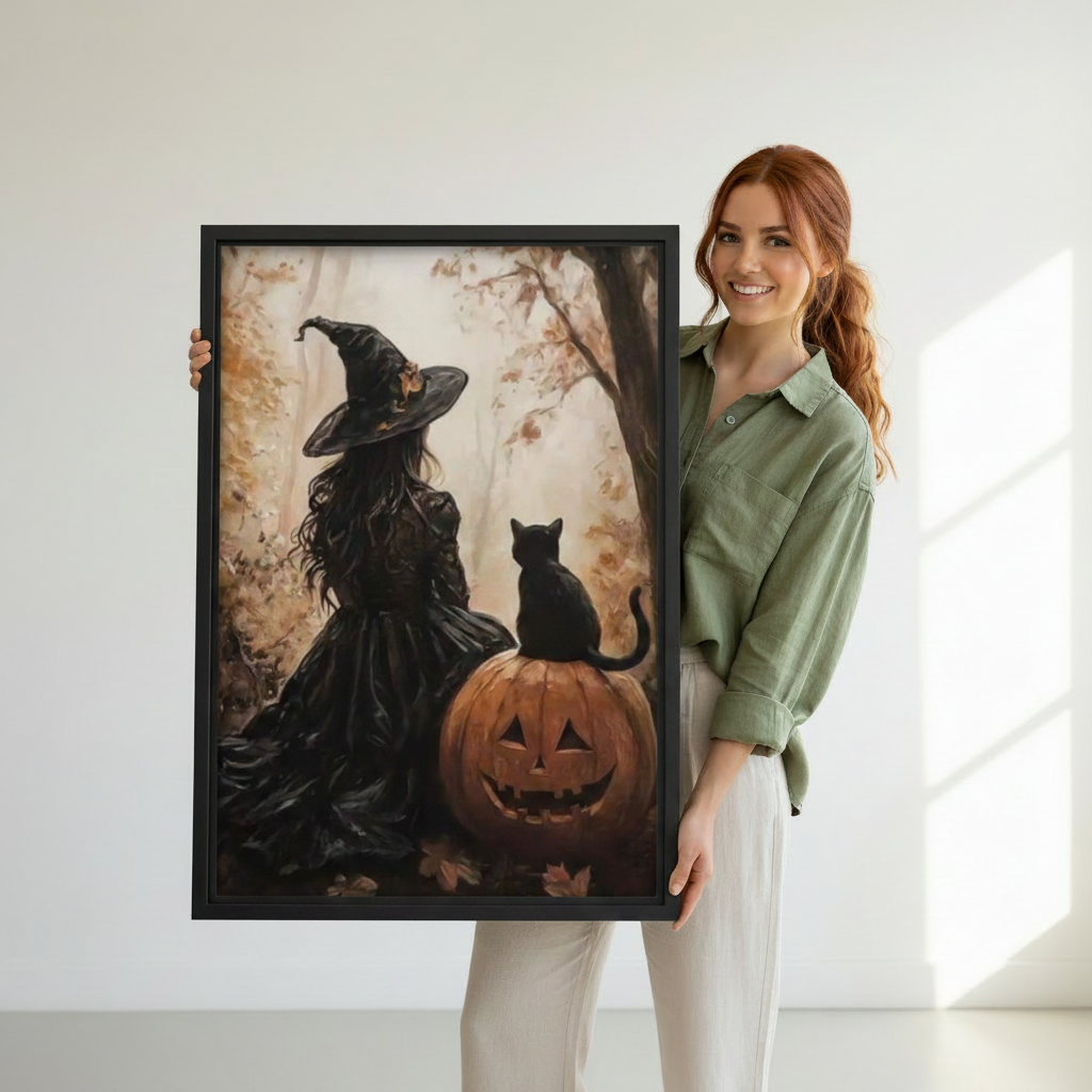 Smiling woman holding large Halloween witch and black cat pumpkin vintage wall art print with black frame