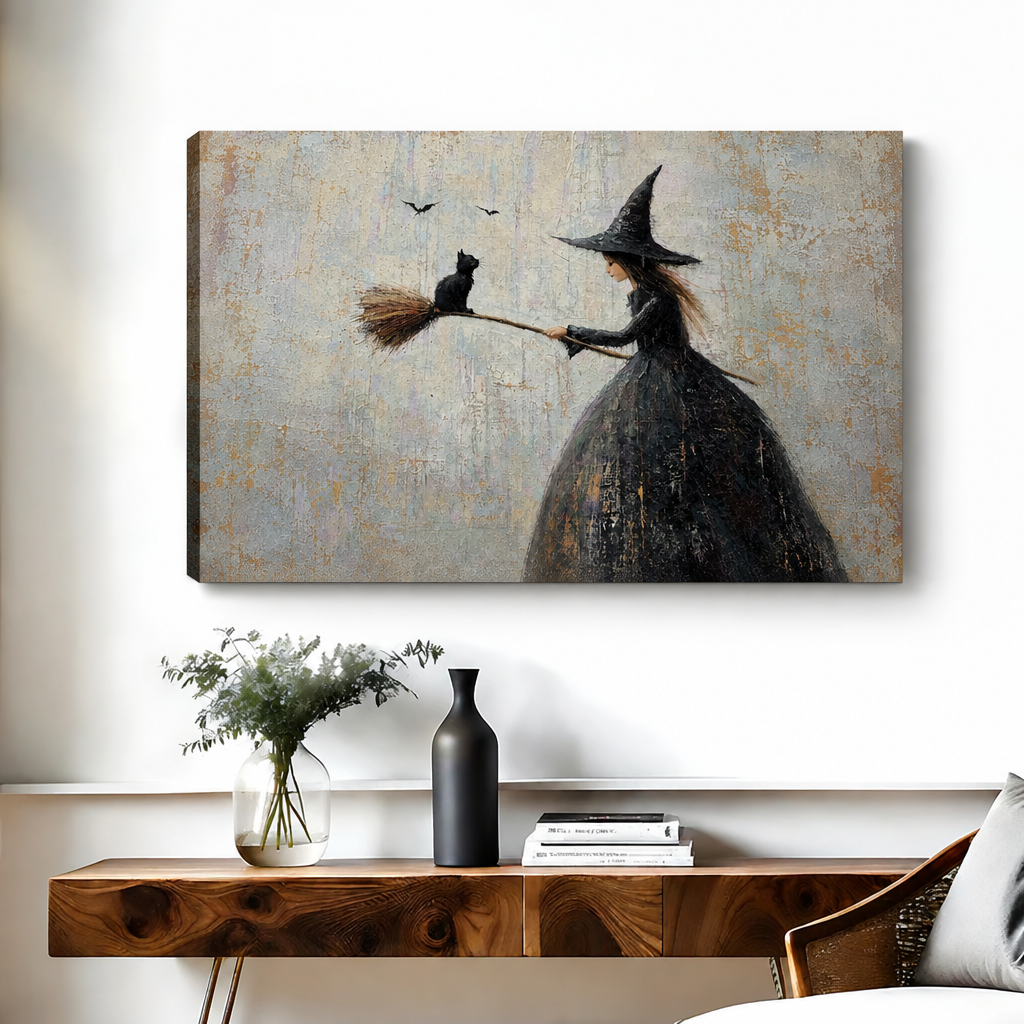Frameless canvas of witch in black hat and full black dress extending broomstick with black cat riding on it and bats in pale textured sky above walnut console table with black vase