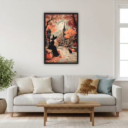 Woman holding black-framed Halloween witch and black cat canvas wall art while seated on a cream sofa.