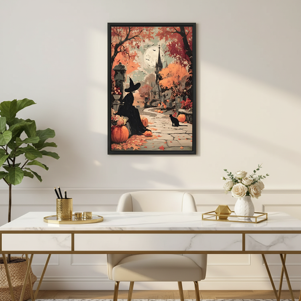 Halloween witch and black cat canvas wall art in a black frame above a white and gold desk.