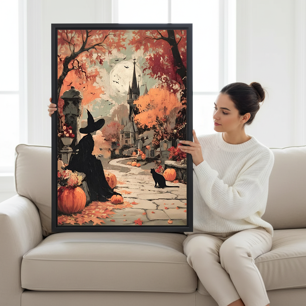 Gallery-wrap Halloween witch and black cat canvas wall art featuring pumpkins and a moonlit path beside a bed.