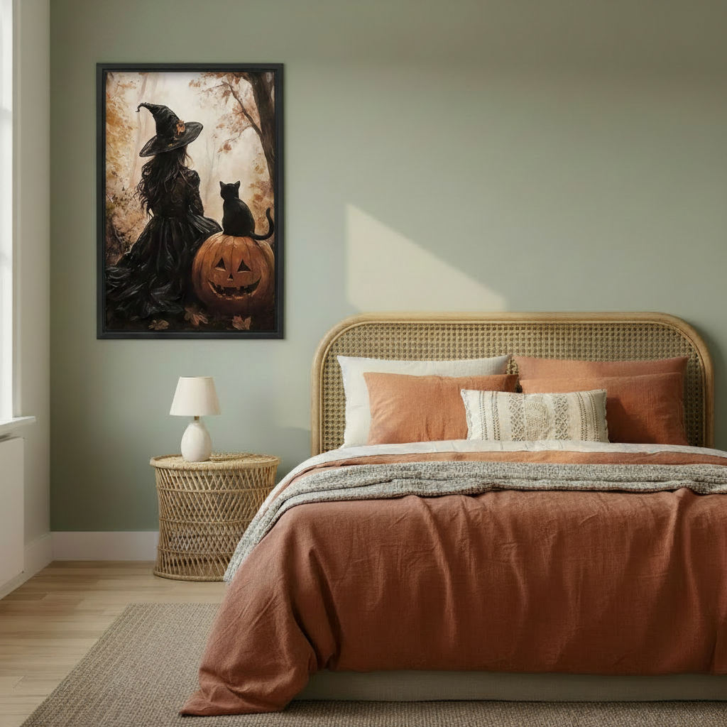 Moody Halloween witch and black cat pumpkin wall art in black frame on sage green wall above terracotta rattan bedroom