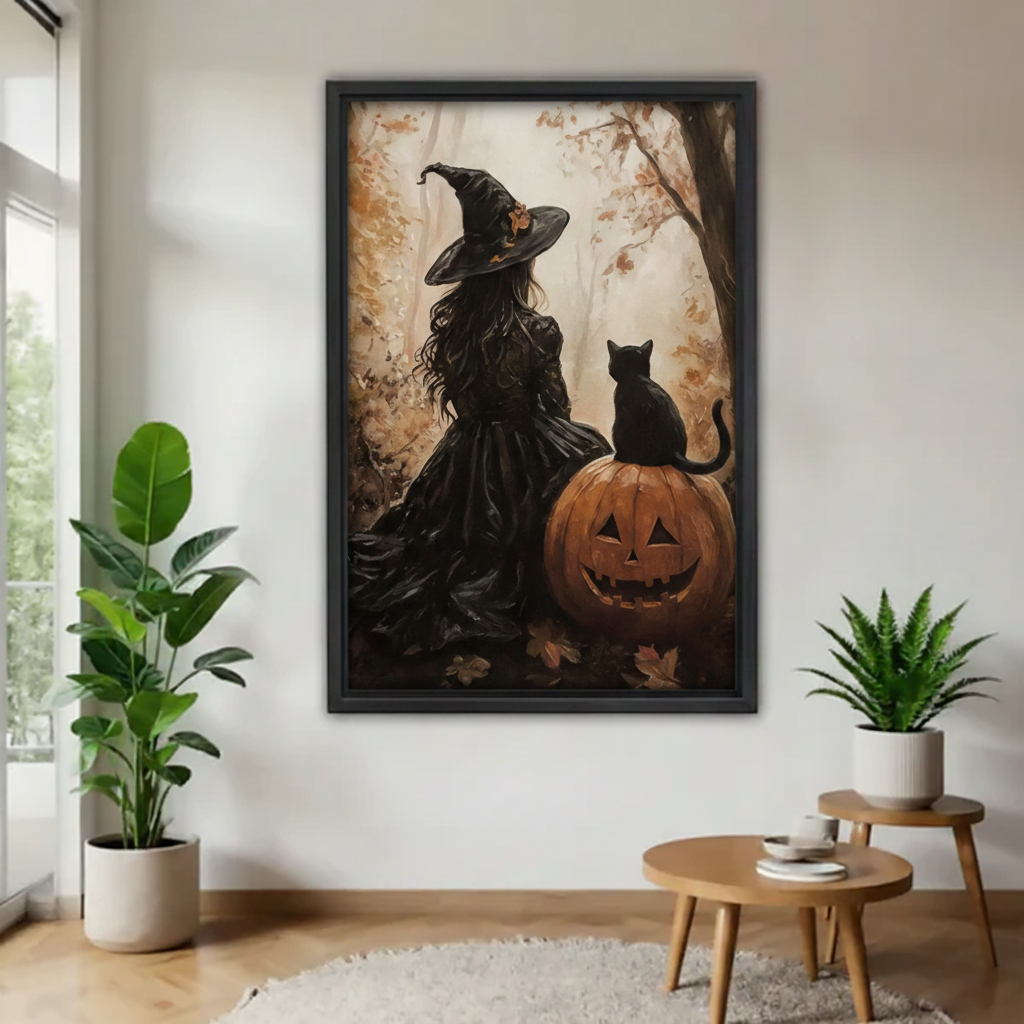 Halloween witch and black cat pumpkin vintage wall art in black frame on sage green bedroom wall above rattan bed