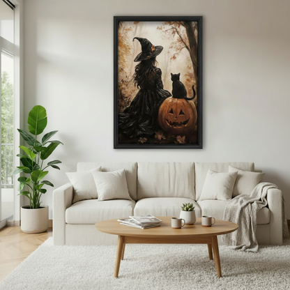 Halloween witch black cat pumpkin vintage art print in black frame above cream sofa in bright Scandinavian living room