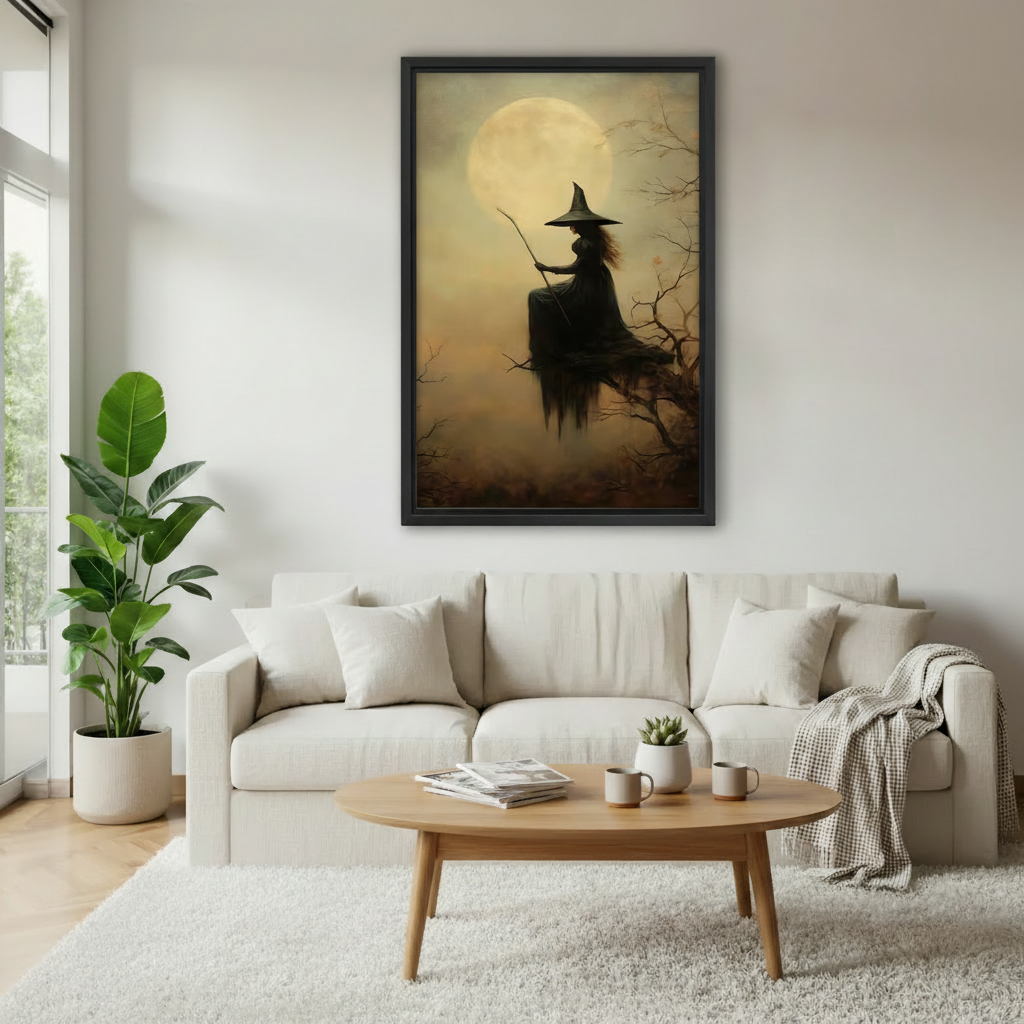 Dark oil painting of witch silhouette in tall pointed hat holding broomstick on bare twisted branches against glowing full moon framed canvas above cream linen sofa