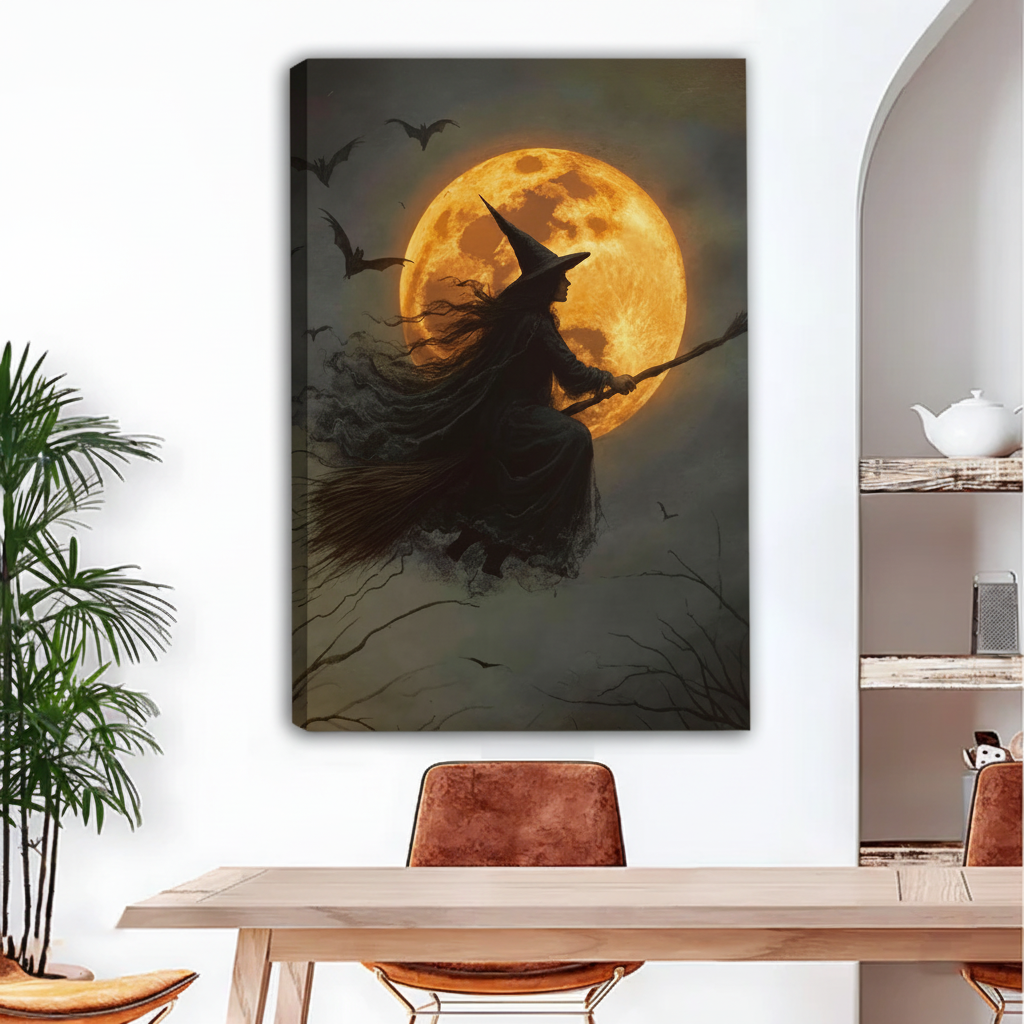  Gothic Halloween witch on broomstick full moon gallery-wrap canvas wall art above dining table