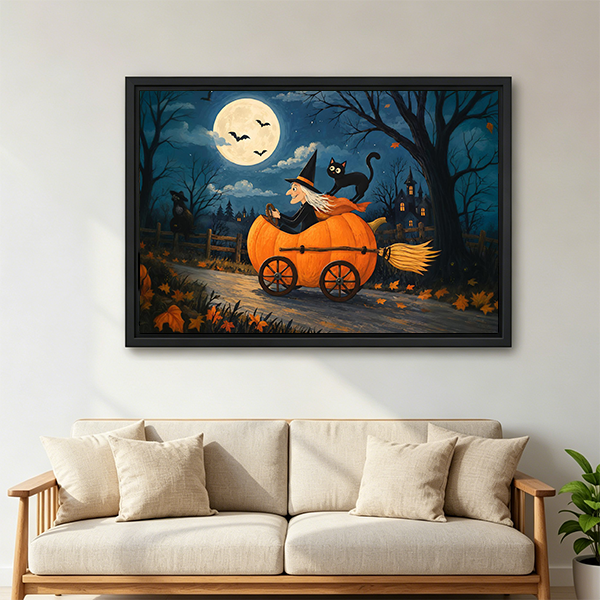 Halloween witch canvas wall art framed above a neatly made bed, featuring a pumpkin carriage and moonlit forest