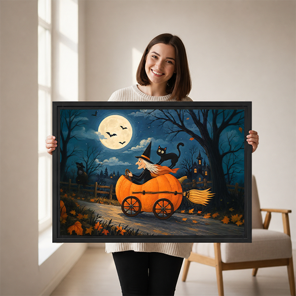 Framed Halloween witch canvas wall art above a wooden console with autumn colors and a moonlit pumpkin carriage