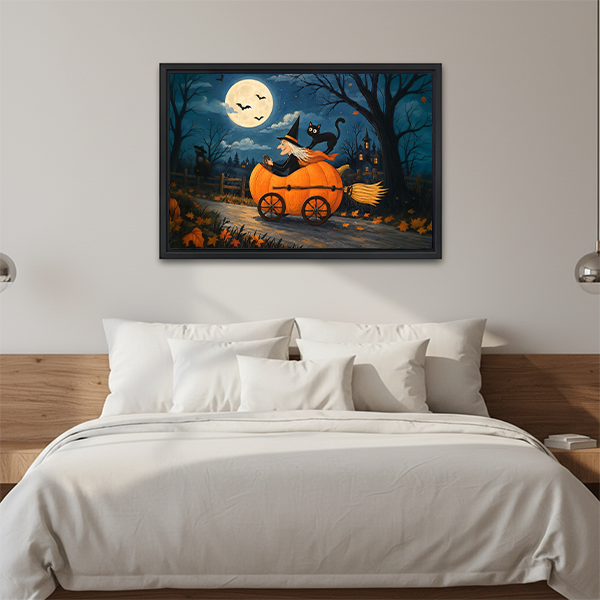 Halloween witch canvas wall art above a wooden console, showing a moonlit pumpkin carriage and autumn forest