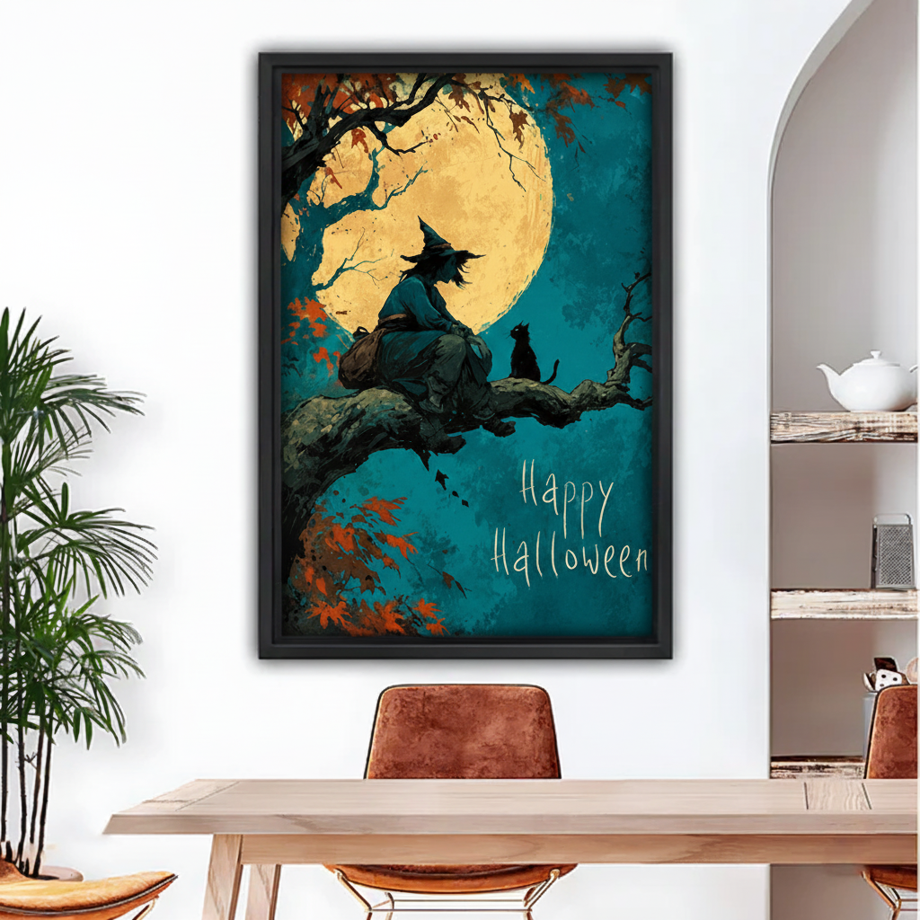 Halloween witch canvas wall art displayed above a dining table beside a modern shelving unit