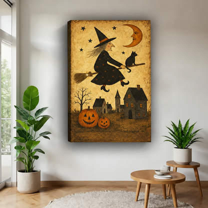 Halloween witch canvas wall art shown as a gallery-wrap piece beside green plants.
