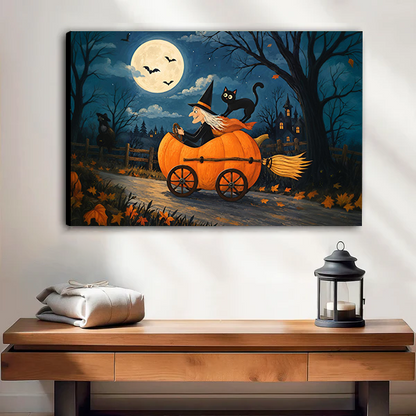 Woman holding Halloween witch canvas wall art with a pumpkin carriage and black cat in a bright room