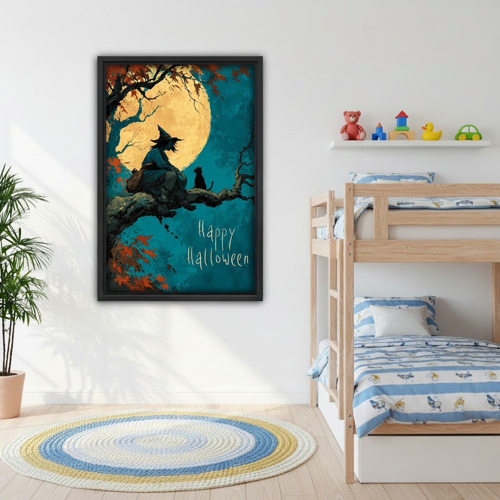 Halloween witch canvas wall art styled in a children's bedroom beside a wooden bunk bed