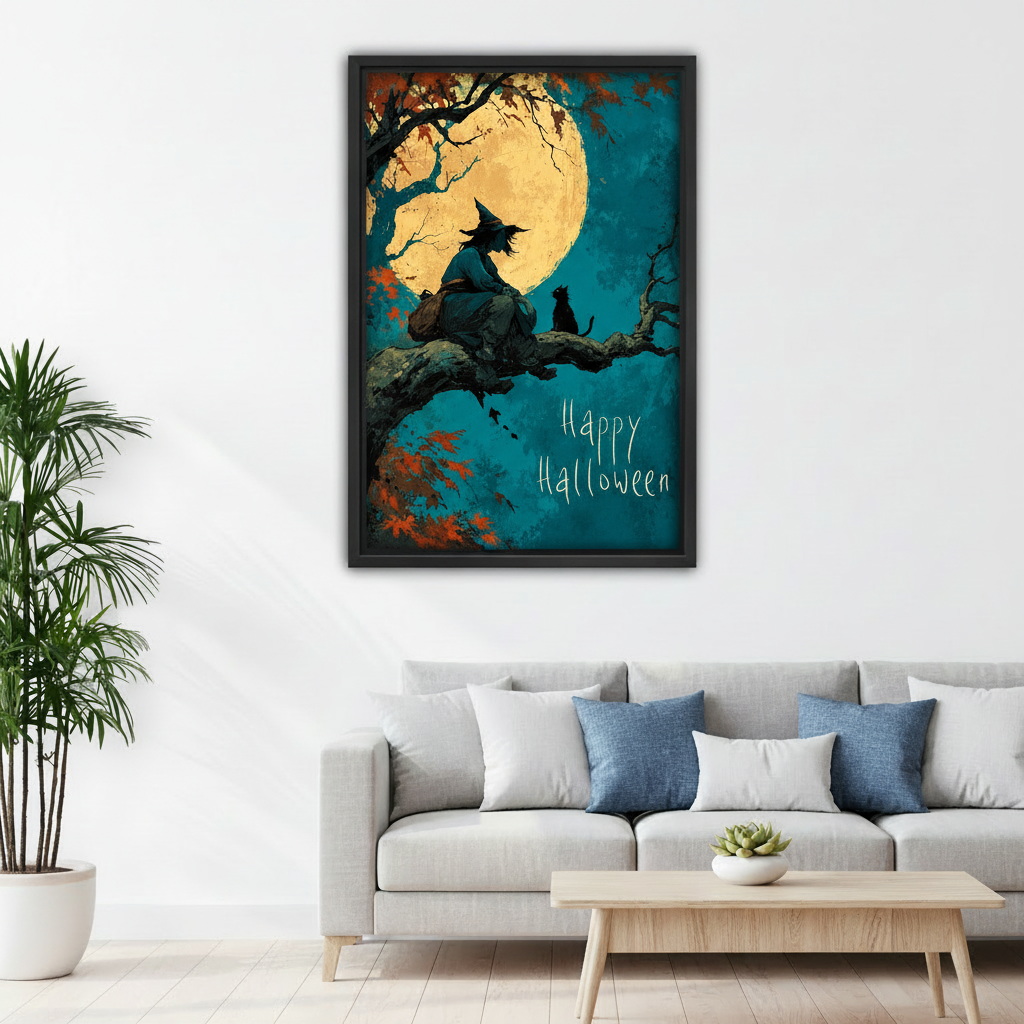 Halloween witch canvas wall art in a bright living room above a sofa with a potted palm
