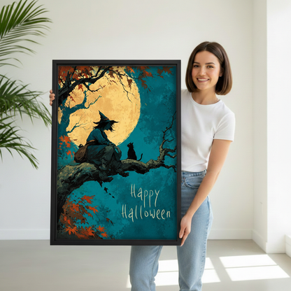 Woman holding Halloween witch canvas wall art to show its framed size and detailed moonlit design