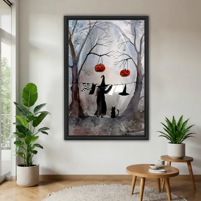Halloween witch and cat canvas wall art with hanging pumpkins, displayed unframed in a bright living room.