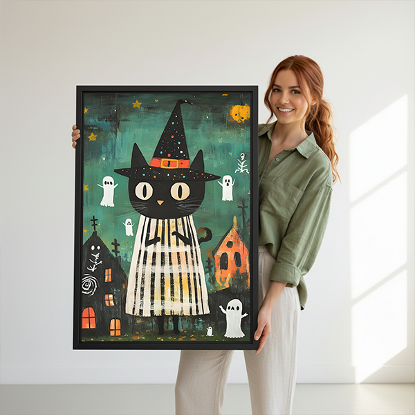 Witch cat and ghosts Halloween canvas wall art framed in black beside plants and a round side table