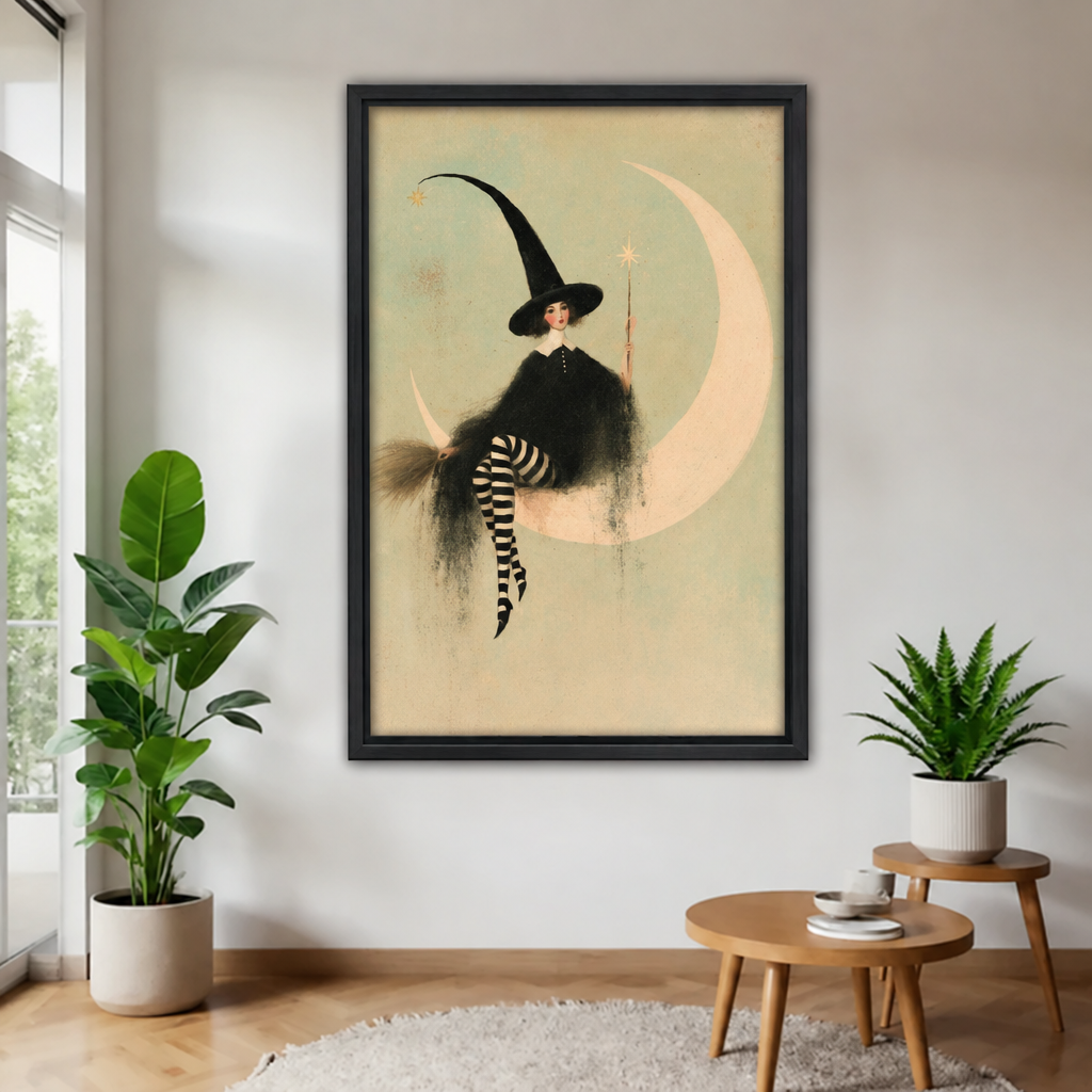Whimsical vintage witch in tall black hat and striped stockings perched on glowing crescent moon with gold stars framed canvas above round wood side table with green plants