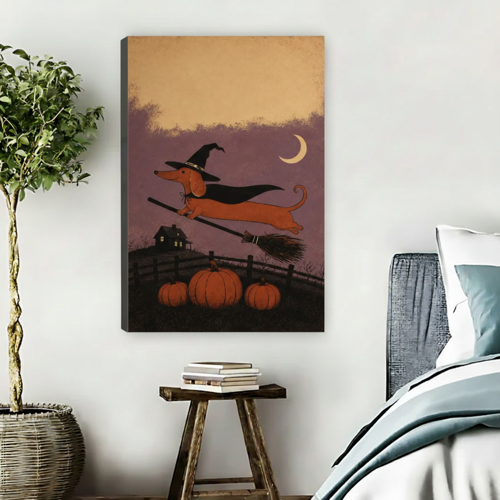 Frameless canvas of dachshund in witch hat and cape soaring on broomstick over pumpkins and spooky house under crescent moon beside teal bed