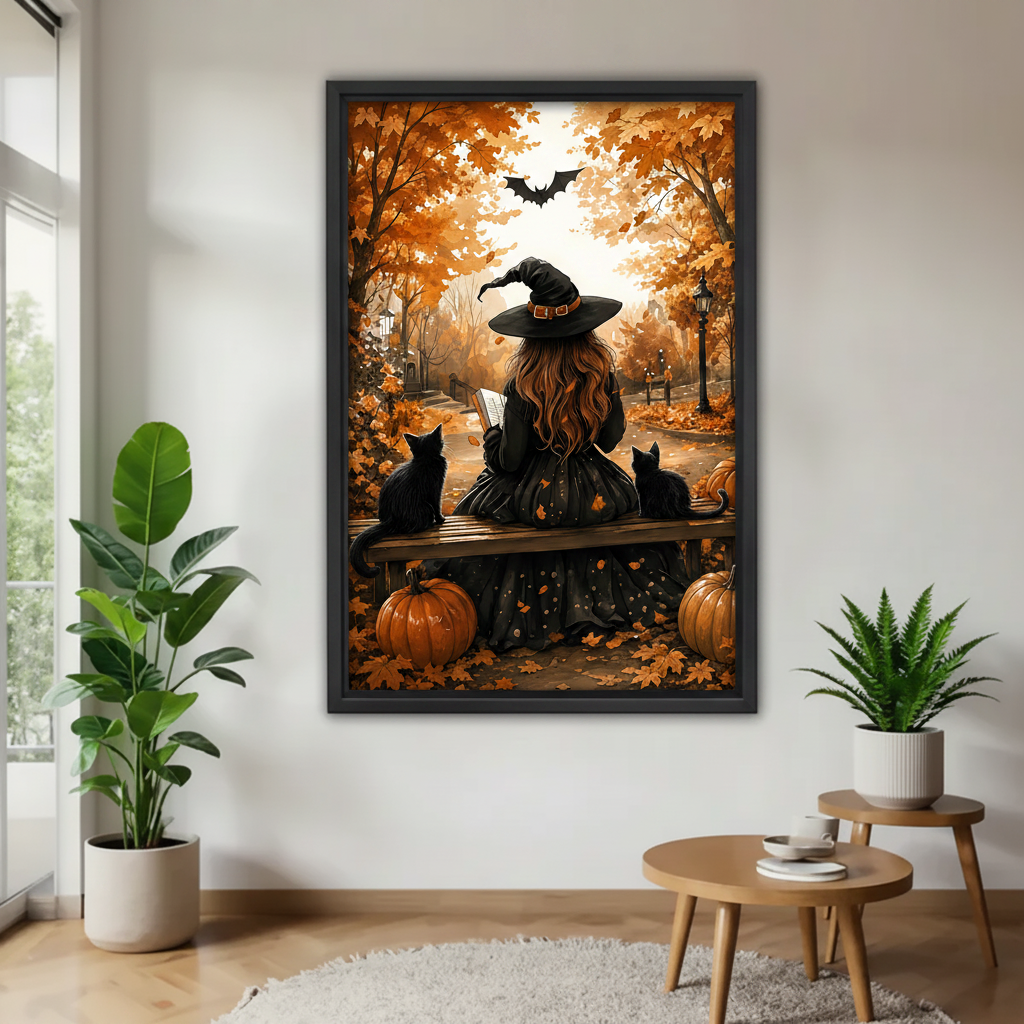 Framed Halloween witch canvas art with black cats and pumpkins mounted on white wall beside potted plants
