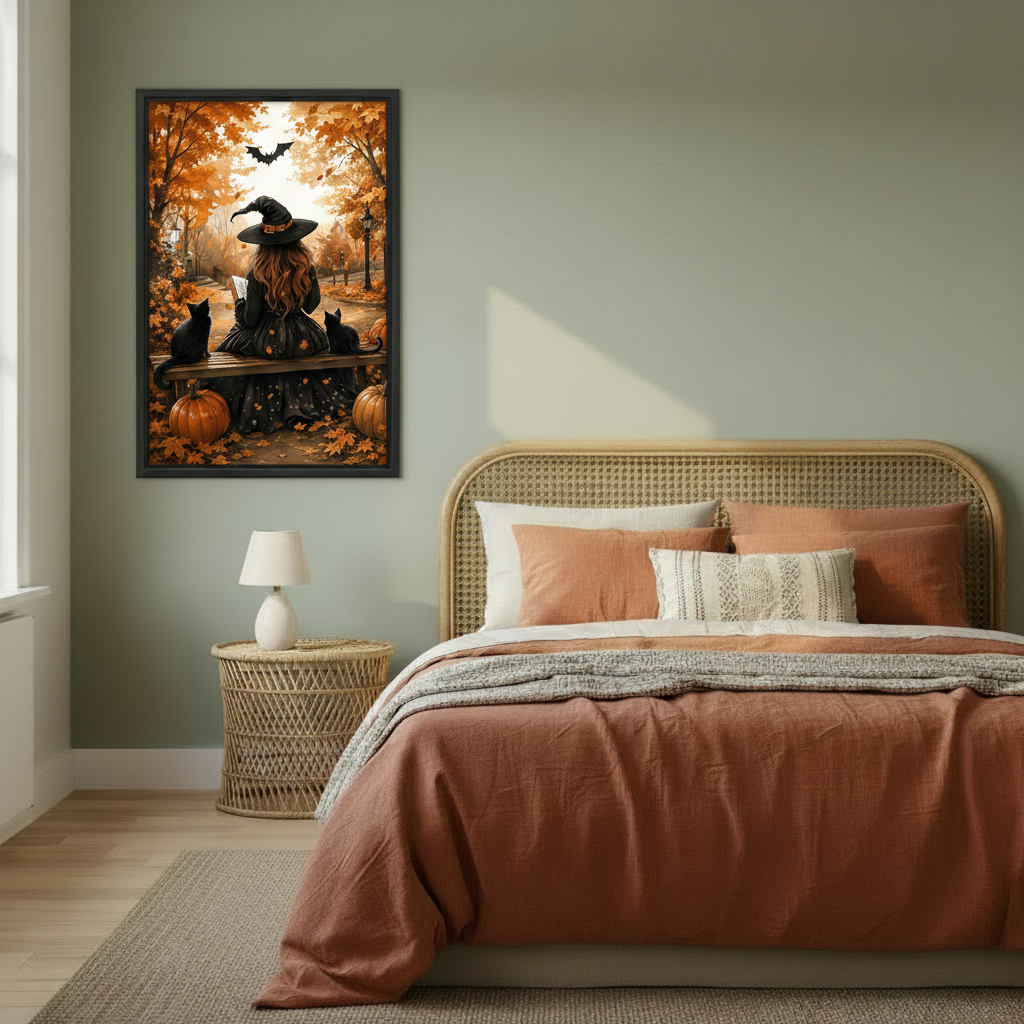 Black framed Halloween witch wall art hanging in cozy bedroom with sage green walls and rattan headboard